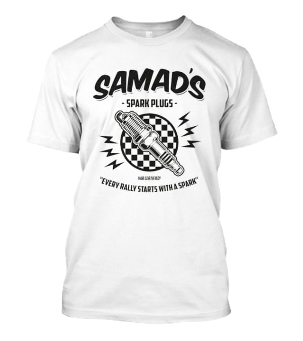 Samad's Spark Plugs Every Rally Starts With A Spark Racing Checkered Spark Plug T-Shirt
