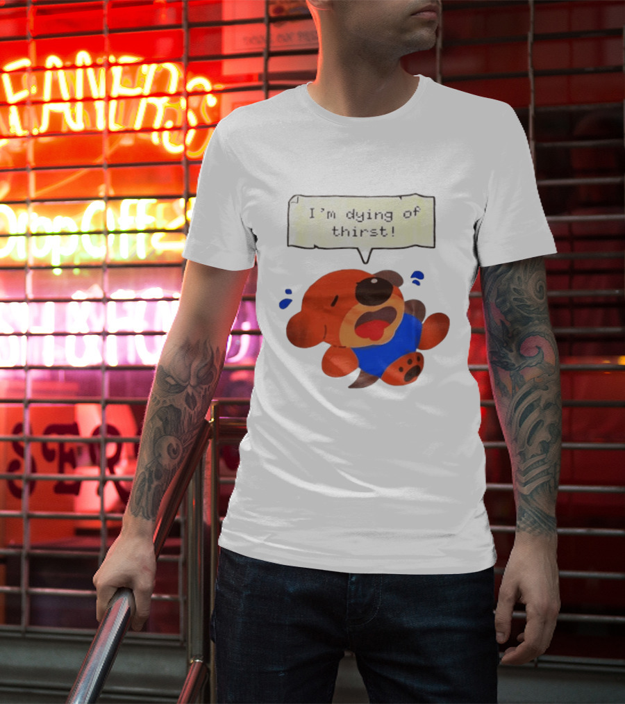 I'm Dying Of Thirst Cartoon Dog In Blue And Red With Speech Bubble T-Shirt