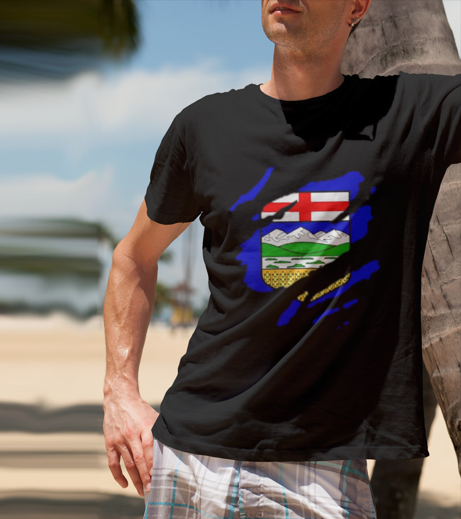 Alberta Coat Of Arms Ripped Effect Canada Flag Emblem Heritage Display T-Shirt