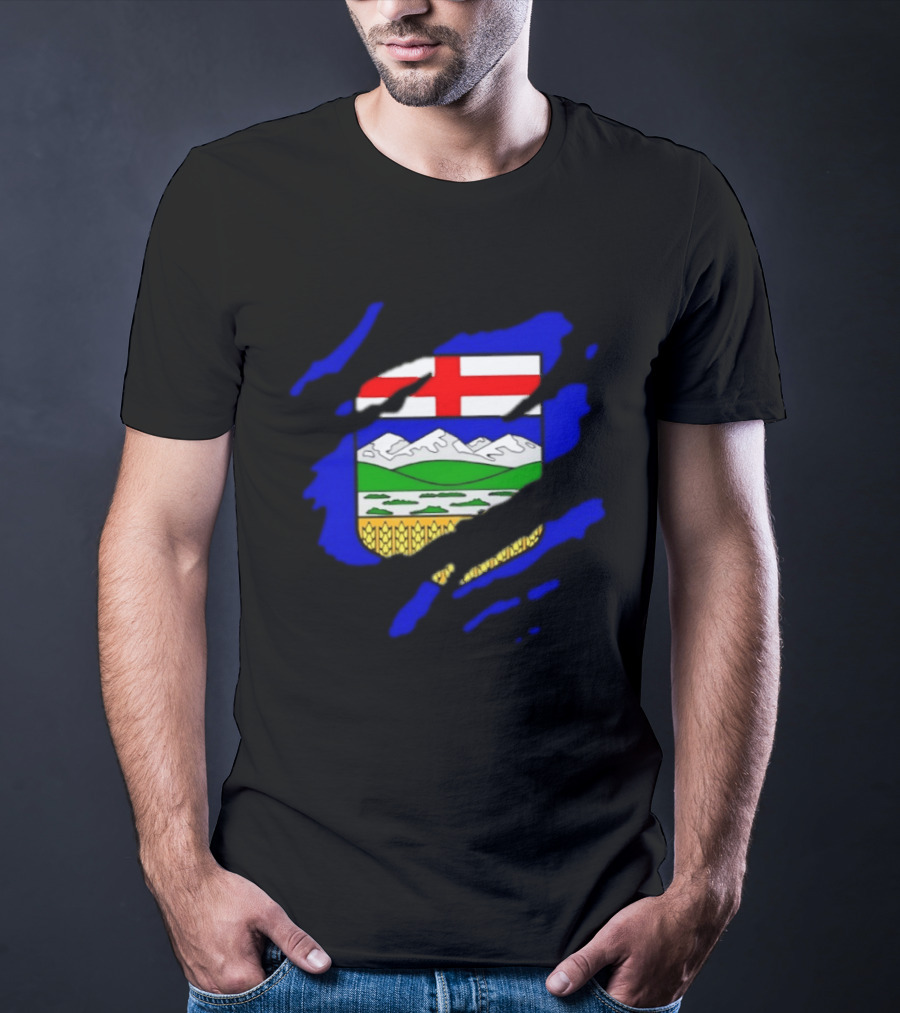 Alberta Coat Of Arms Ripped Effect Canada Flag Emblem Heritage Display T-Shirt