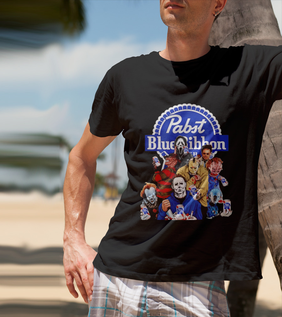 Pabst Blue Ribbon Horror Movie Characters Drinking Beer T-Shirt