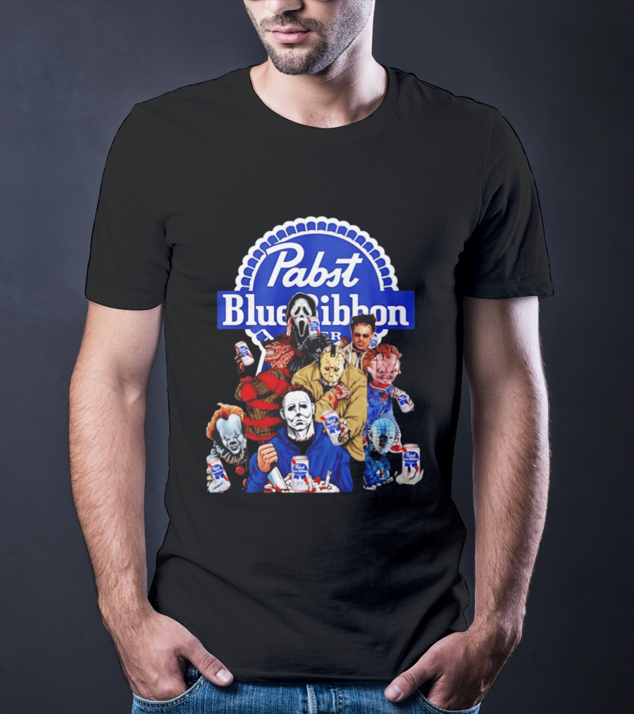 Pabst Blue Ribbon Horror Movie Characters Drinking Beer T-Shirt