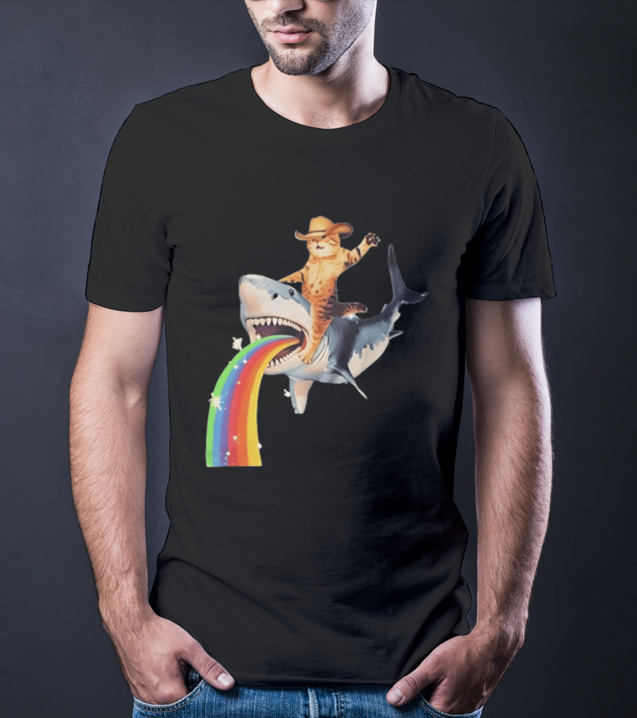Cowboy Cat Riding Shark With Rainbow T-Shirt