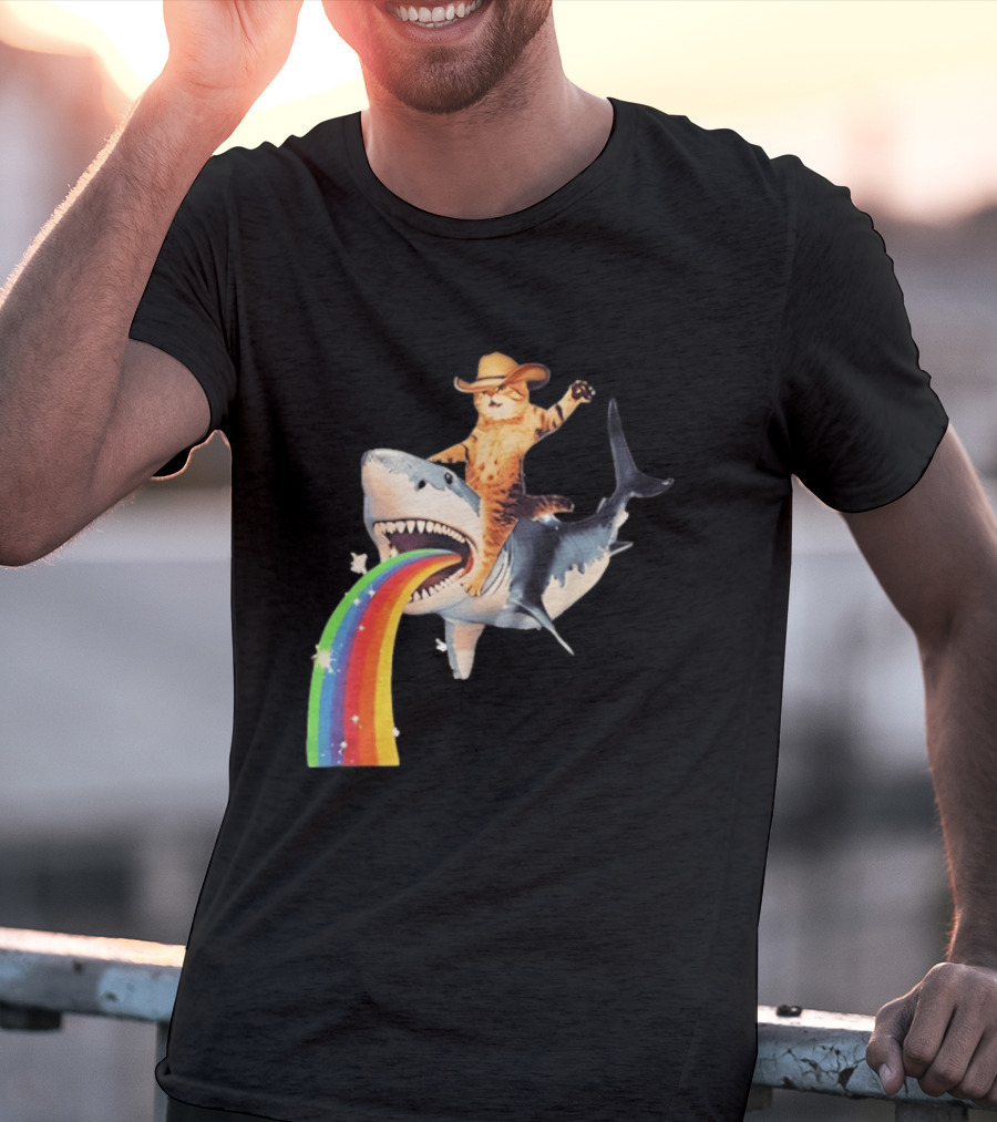 Cowboy Cat Riding Shark With Rainbow T-Shirt