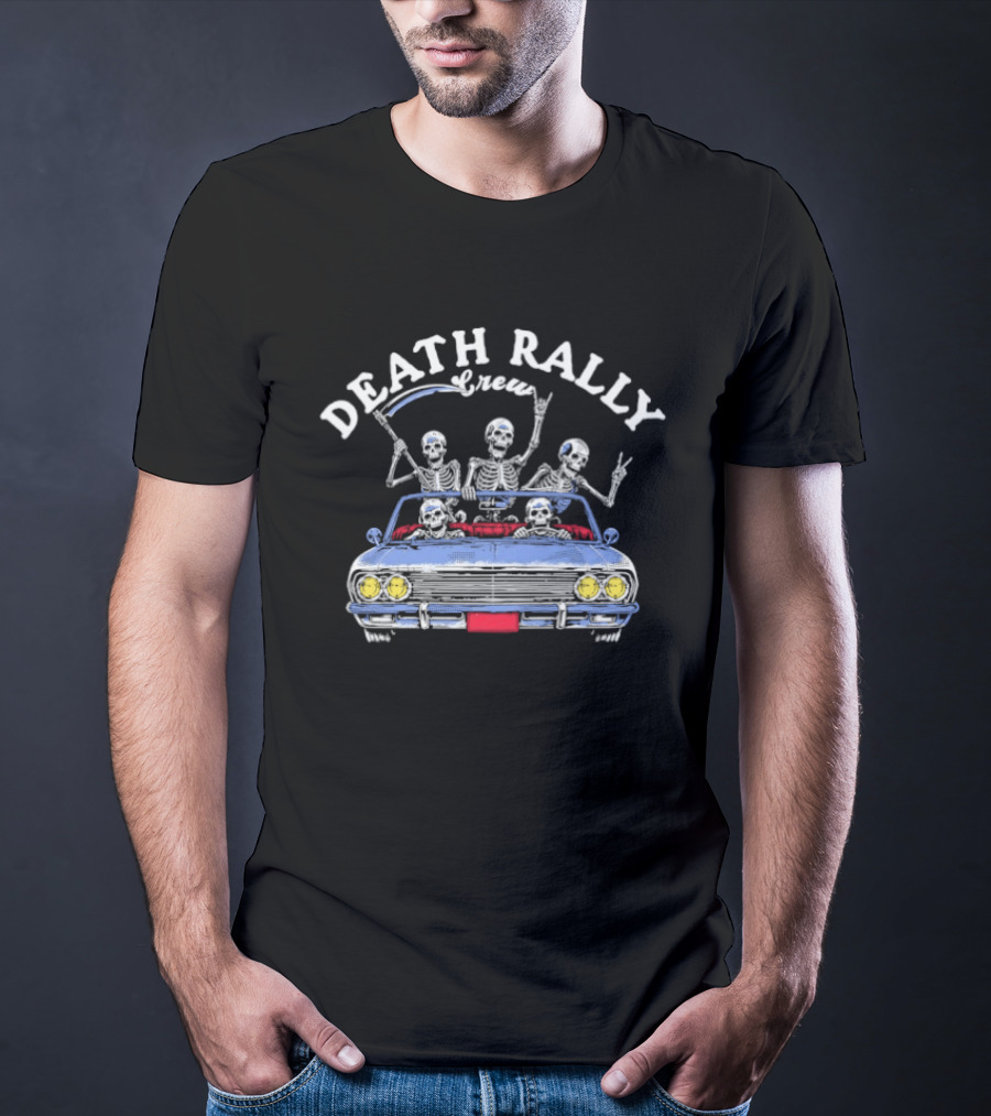 Death Rally Crew Skeletons In Convertible Car With Grim Reaper T-Shirt