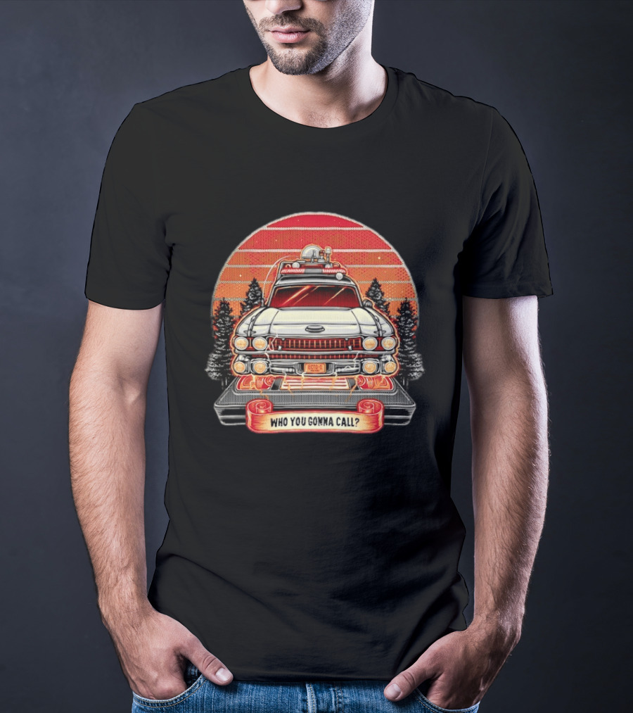 Ecto 1 Who You Gonna Call Ghostbusters Retro Sunset T-Shirt