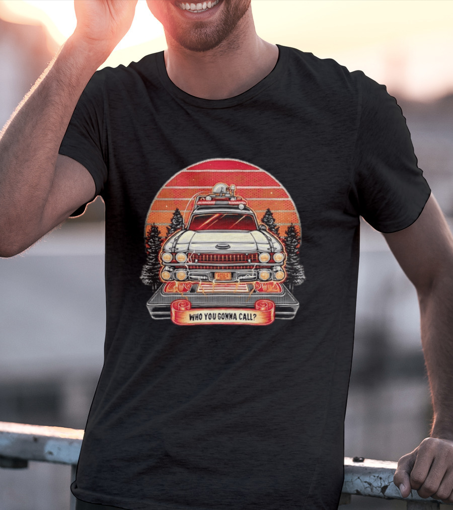 Ecto 1 Who You Gonna Call Ghostbusters Retro Sunset T-Shirt