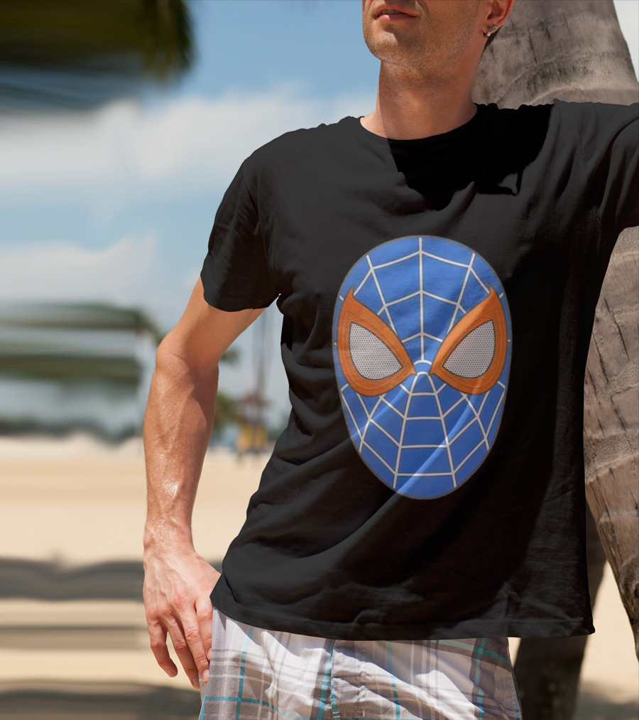 Spidey Spider Man Blue Mask With Orange Eyes And Web T-Shirt