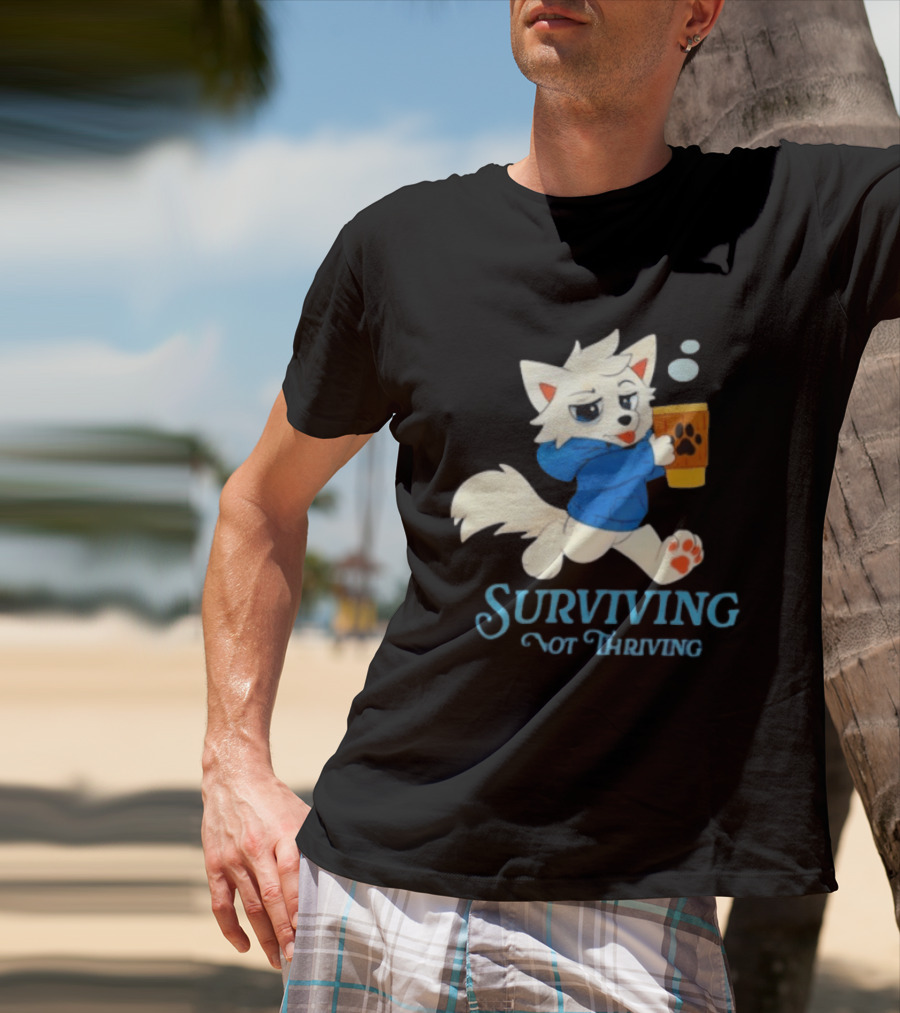 Surviving Not Thriving Cute Fox Coffee Paw Print T-Shirt