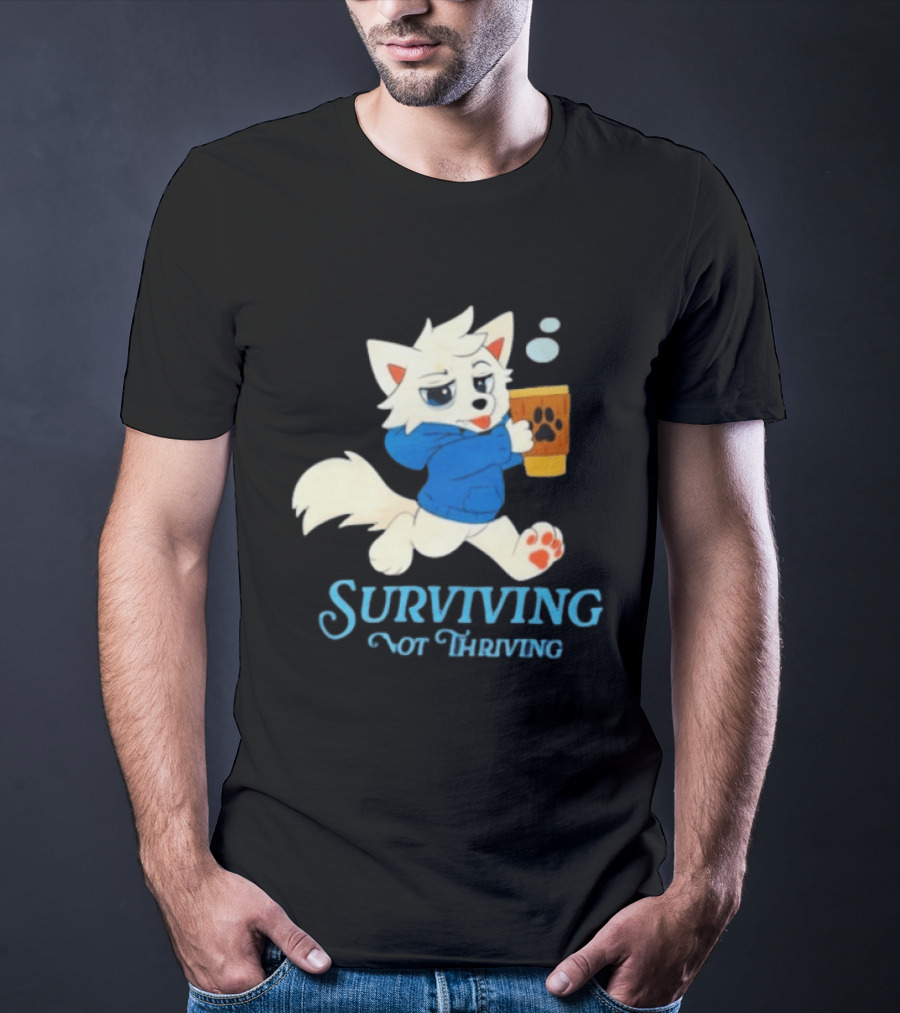 Surviving Not Thriving Cute Fox Coffee Paw Print T-Shirt
