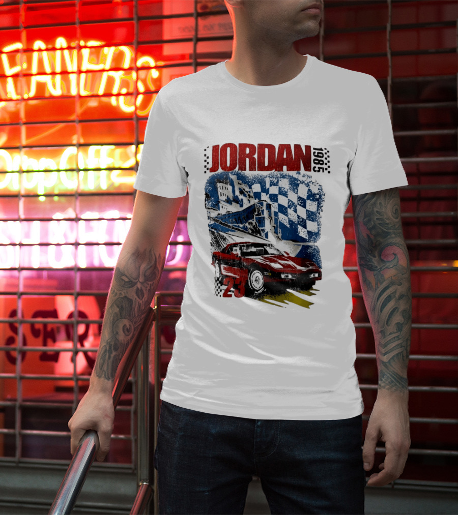 Jordan 23 Racing Brooklyn 1985 Checkered Red Sports Car Blue Flag T-Shirt