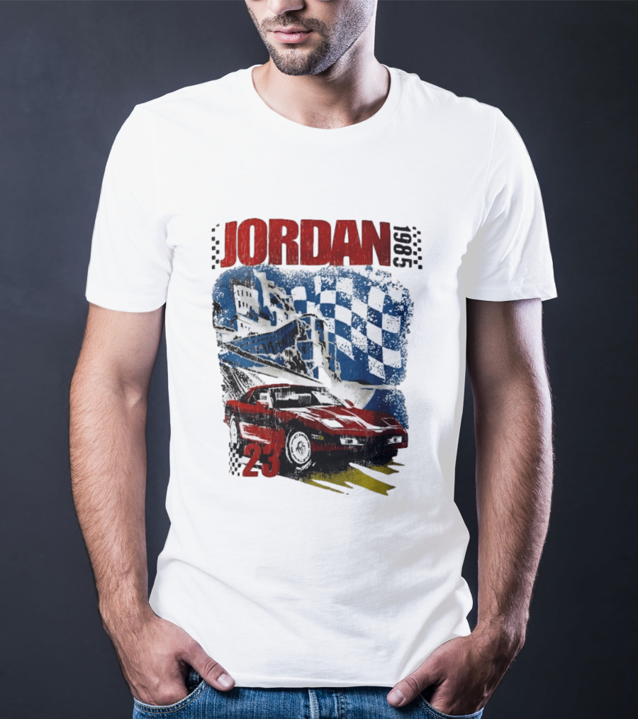 Jordan 23 Racing Brooklyn 1985 Checkered Red Sports Car Blue Flag T-Shirt