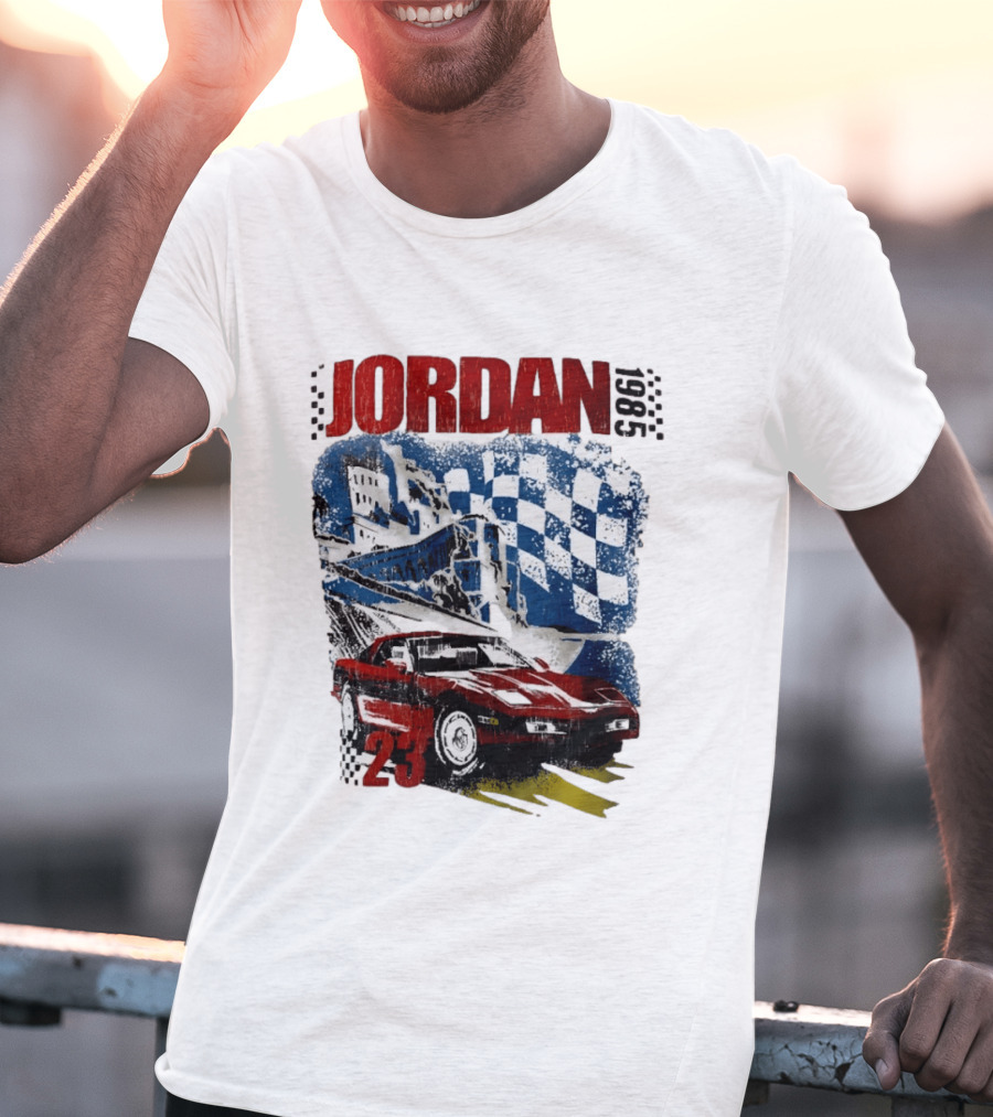 Jordan 23 Racing Brooklyn 1985 Checkered Red Sports Car Blue Flag T-Shirt
