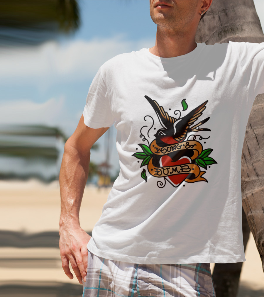 Young And Dumb Swallow Heart Tattoo Vintage Style With Banner And Leaves T-Shirt