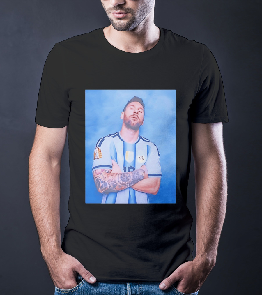 Lionel Messi With Argentina National Team Badge In Blue And White Stripes T-Shirt
