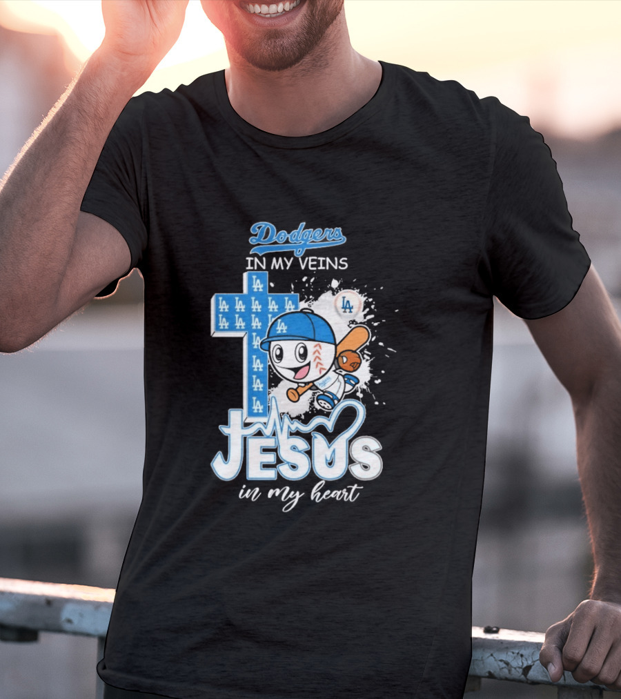 Los Angeles Dodgers In My Veins Jesus In My Heart LA Baseball Cross T-Shirt