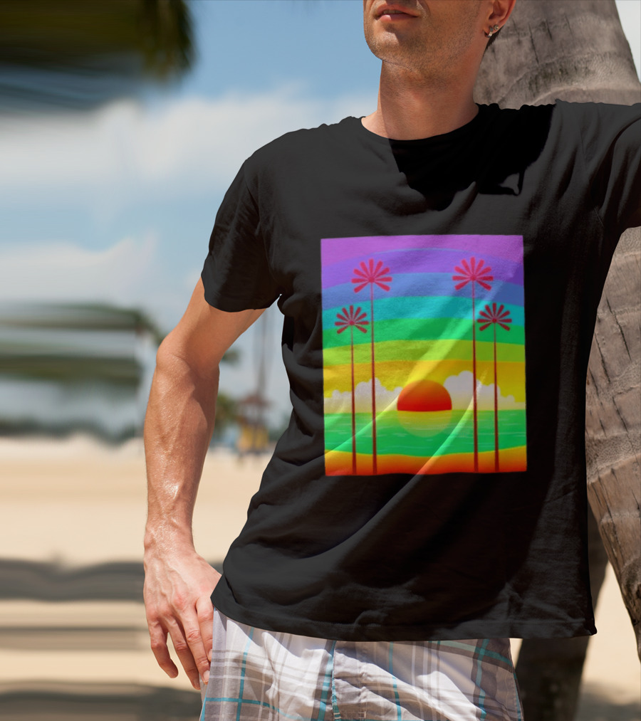 Sunset With Palm Trees And Rainbow Summer Scene T-Shirt