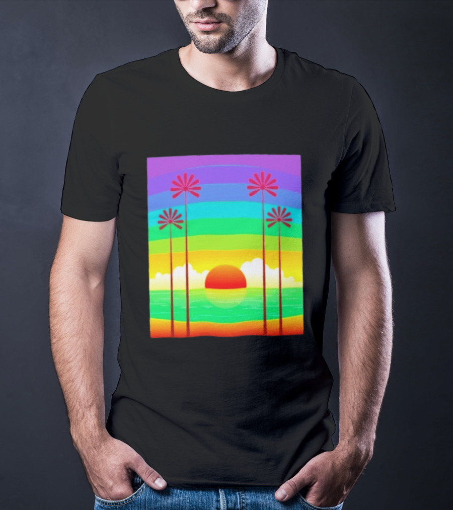 Sunset With Palm Trees And Rainbow Summer Scene T-Shirt