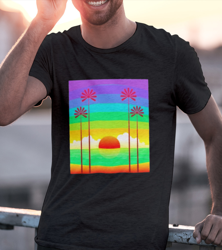 Sunset With Palm Trees And Rainbow Summer Scene T-Shirt