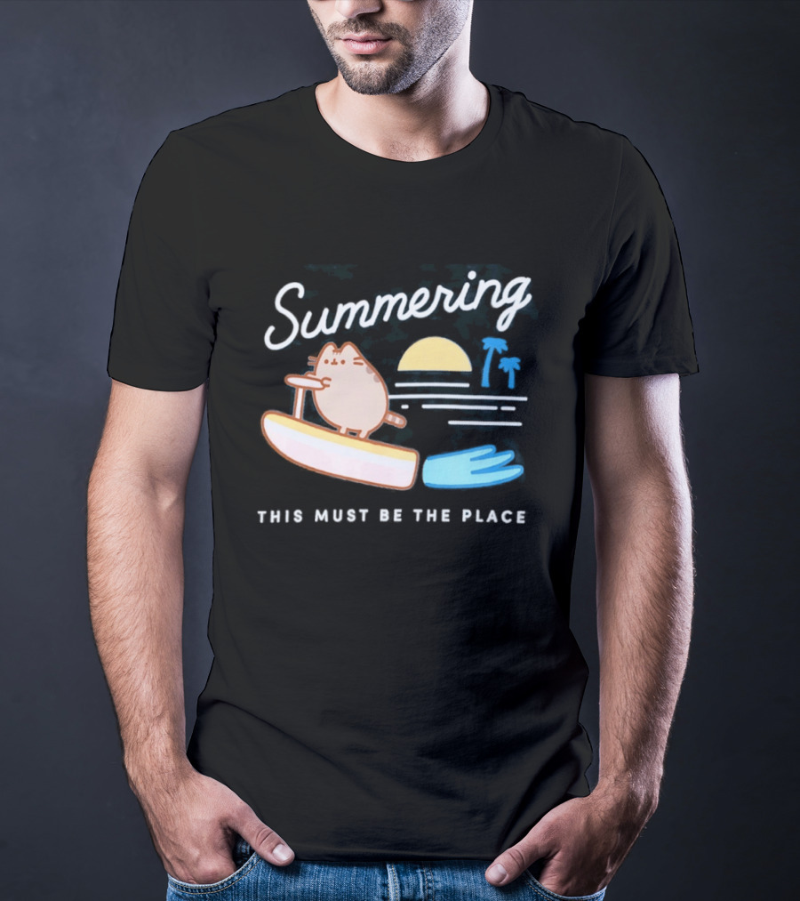 Summering This Must Be The Place Pusheen Surfing Cat Scene T-Shirt