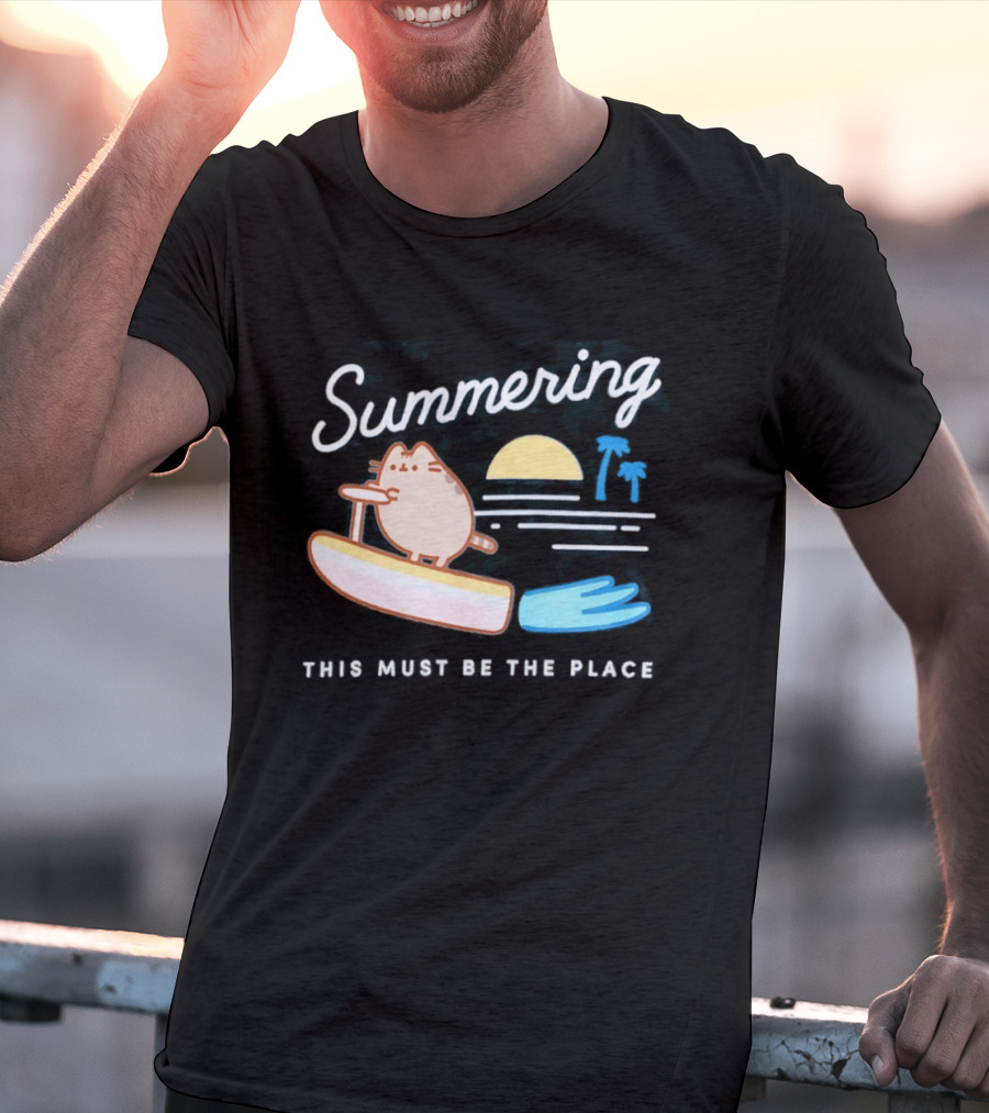 Summering This Must Be The Place Pusheen Surfing Cat Scene T-Shirt