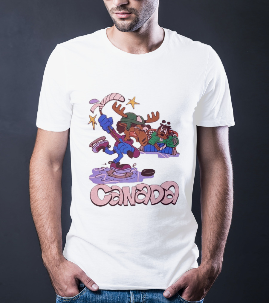 Slushy Noobz Canada Hockey Moose Cartoon Ice Rink Scene T-Shirt