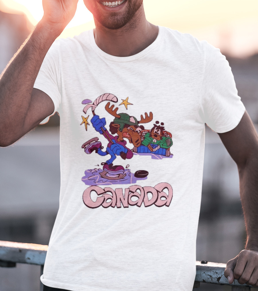 Slushy Noobz Canada Hockey Moose Cartoon Ice Rink Scene T-Shirt