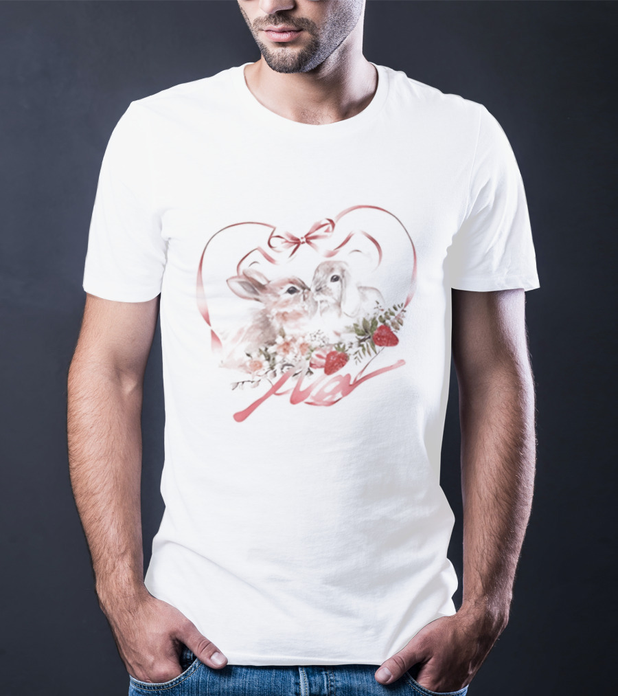 Kissing Rabbits Heart Ribbon Wings Strawberries Cute Love T-Shirt