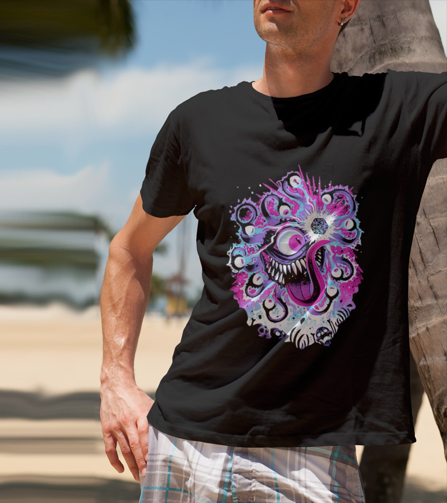 Beholder Dungeons And Dragons Eye Tyrant Illustration With D20 Dice And Psychedelic T-Shirt