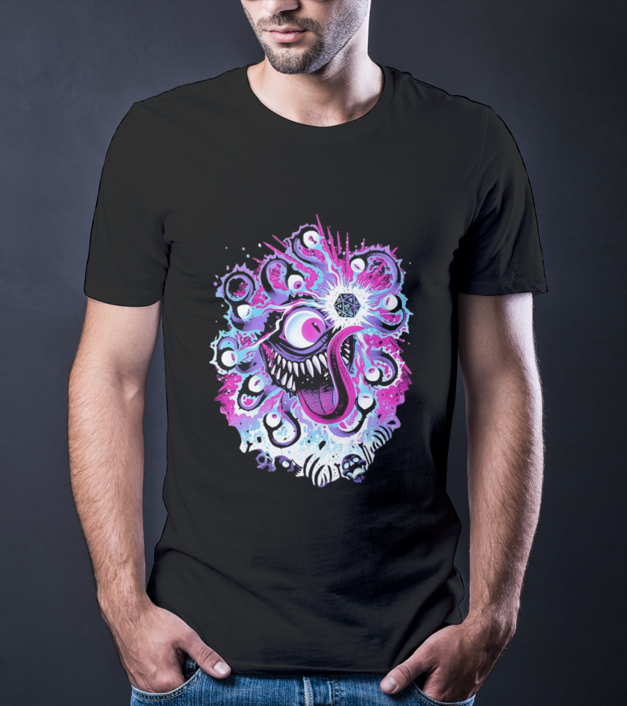 Beholder Dungeons And Dragons Eye Tyrant Illustration With D20 Dice And Psychedelic T-Shirt