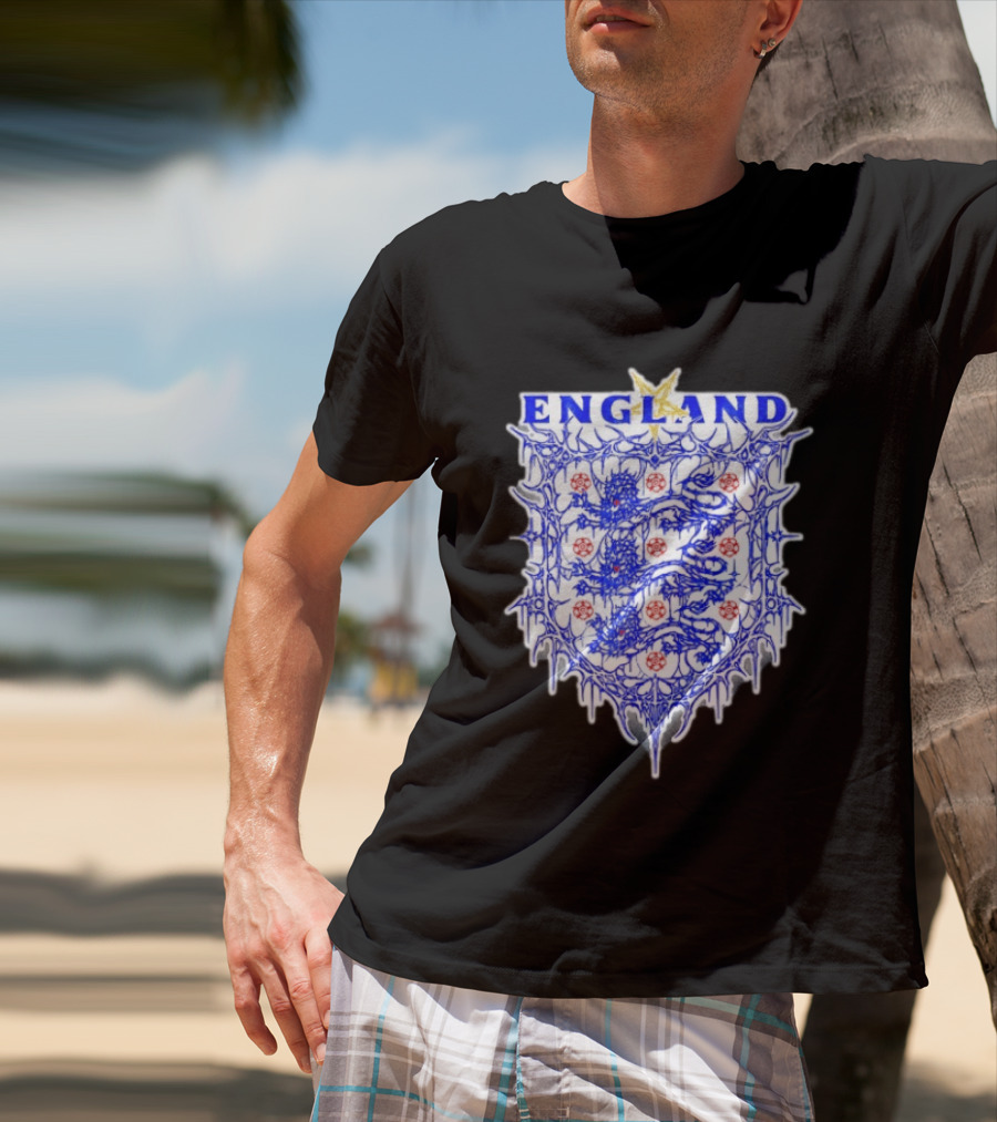 England Metal Crest Three Lions Emblem With Gothic Motif T-Shirt