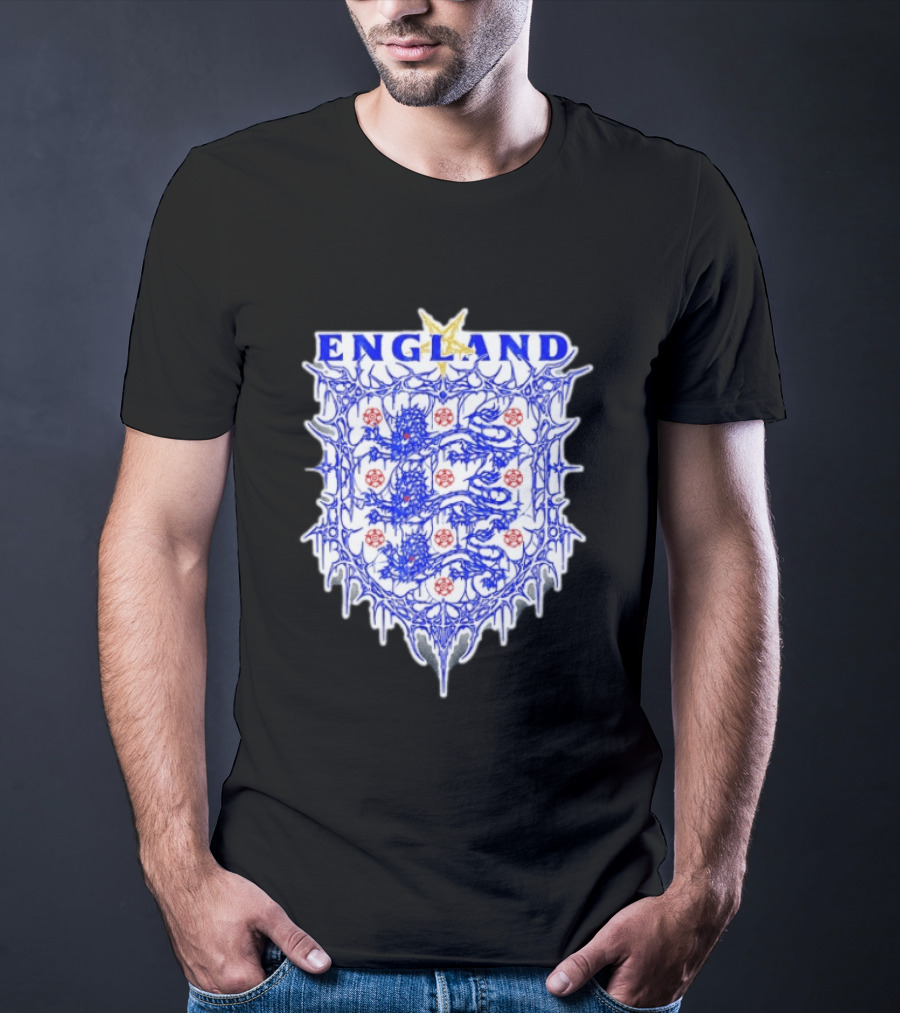 England Metal Crest Three Lions Emblem With Gothic Motif T-Shirt