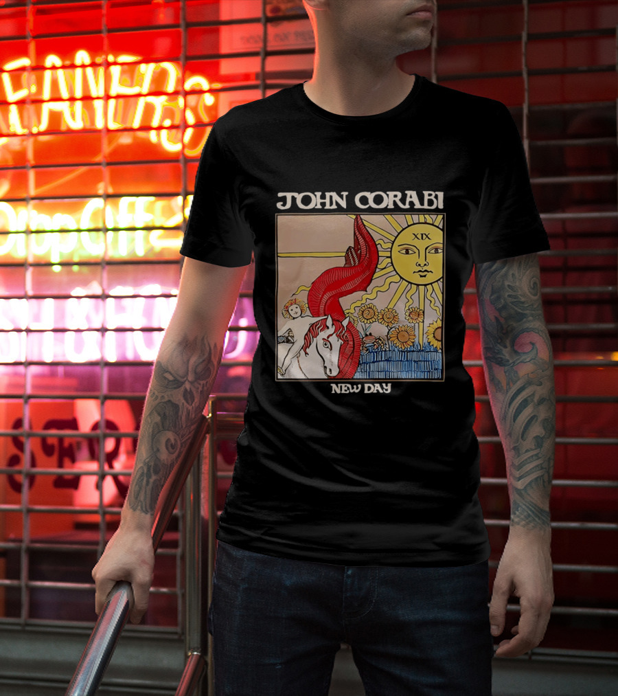 John Corabi New Day The Sun XIX Tarot Card Rider And Sunflowers T-Shirt