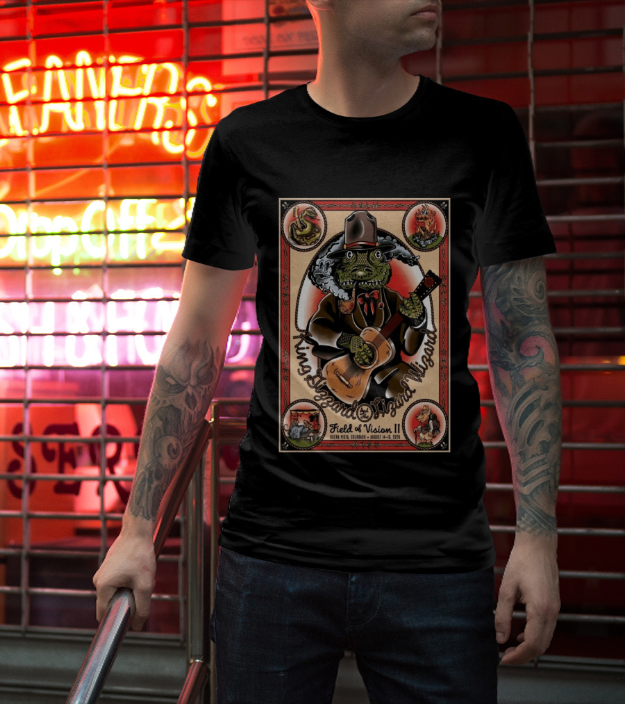King Gizzard And The Lizard Wizard Field Of Vision II August 14 16 2026 Illustration With Lizard Playing Guitar T-Shirt