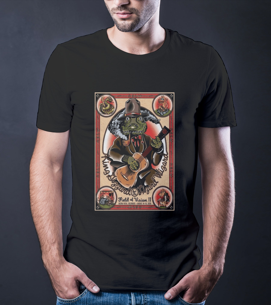 King Gizzard And The Lizard Wizard Field Of Vision II August 14 16 2026 Illustration With Lizard Playing Guitar T-Shirt