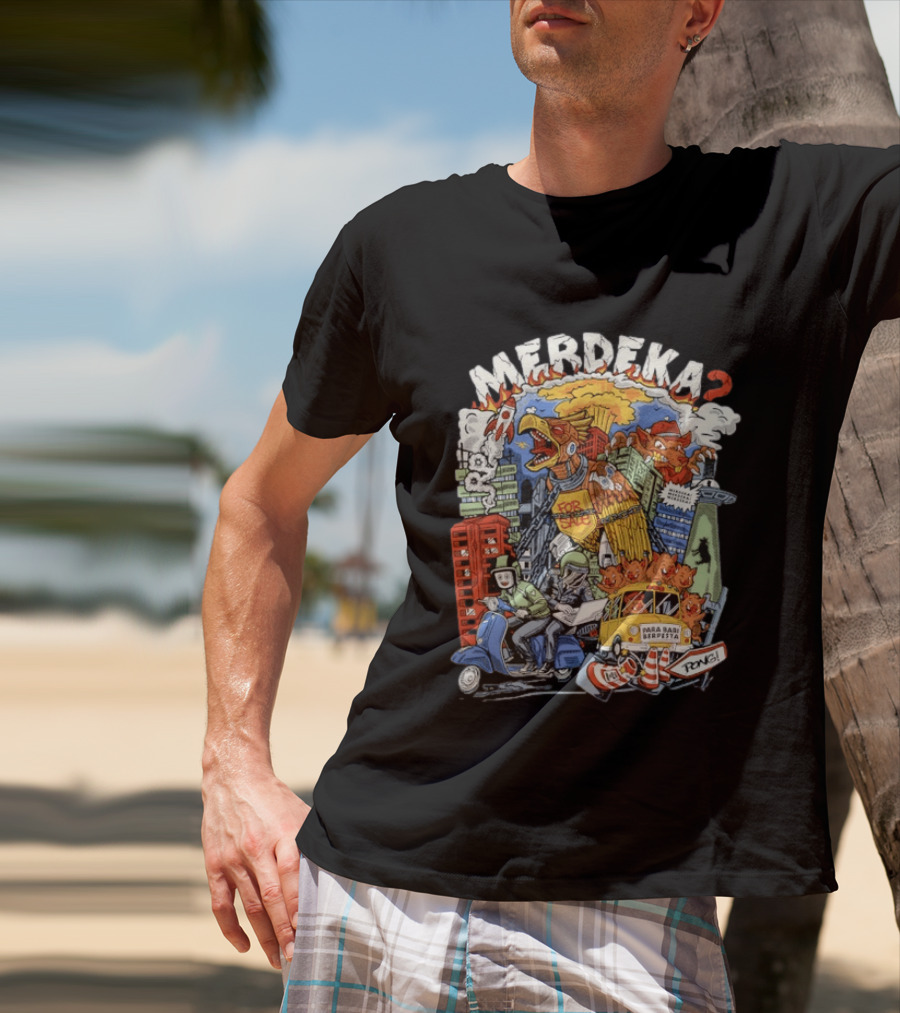 Merdeka Para Babi Berpesta Satire Indonesian Illustration With Cityscape And Mythical Creatures T-Shirt
