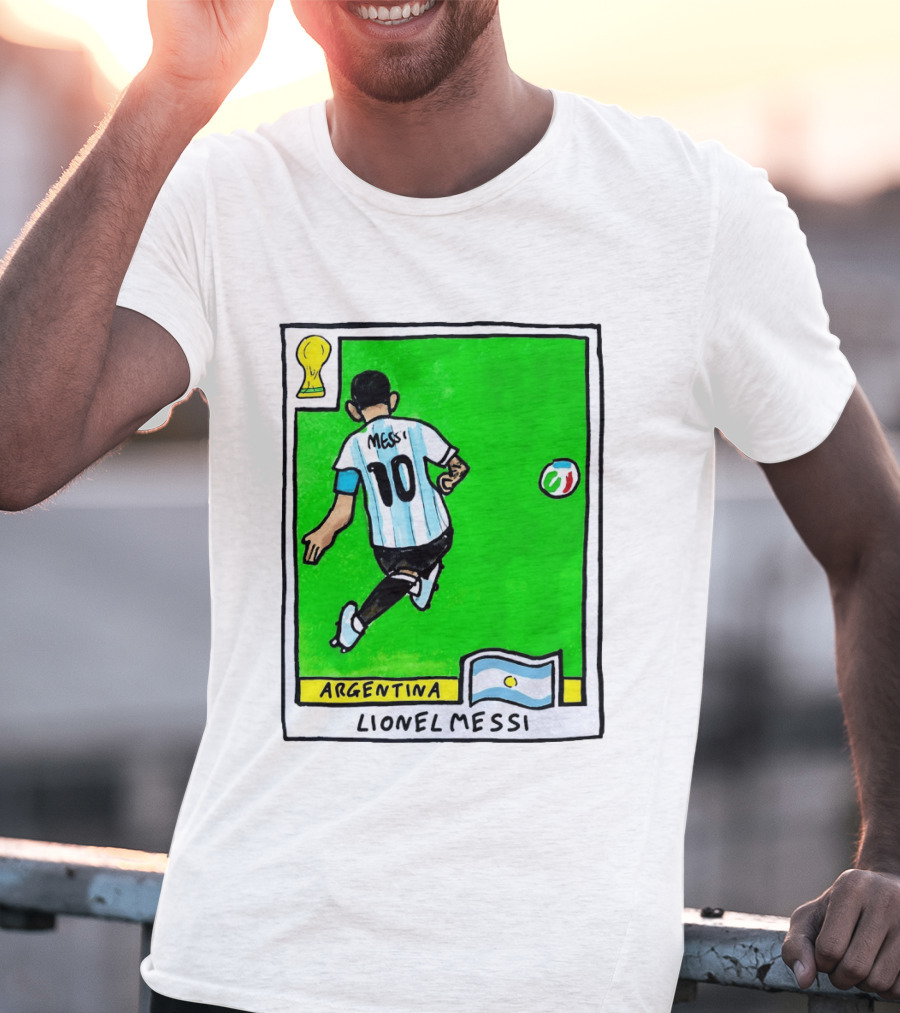 Lionel Messi Argentina Number 10 Football Card With World Cup And National Flag T-Shirt