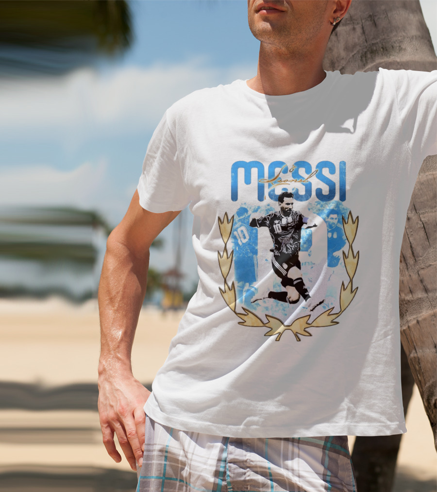 Messi 10 Sliding Celebration With Gold Laurel Wreath T-Shirt