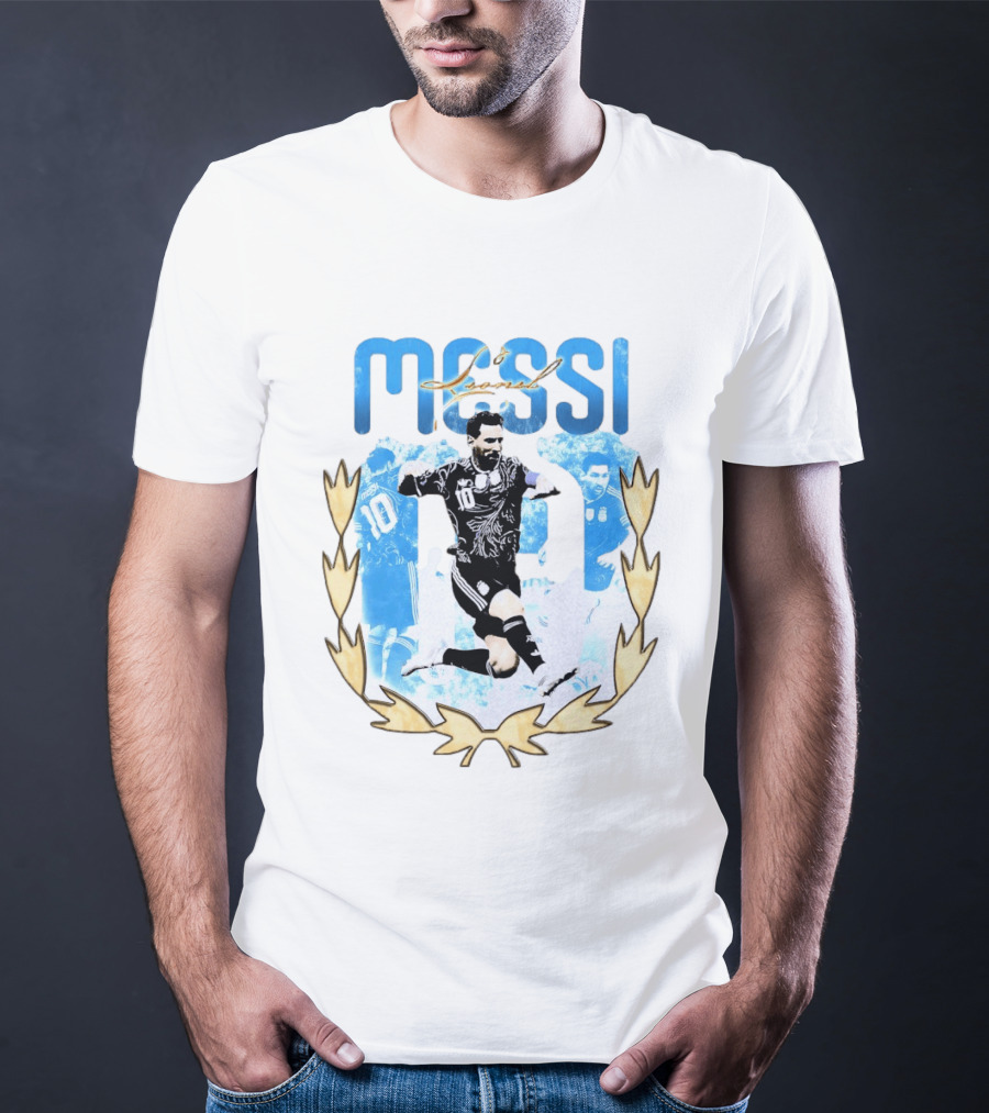 Messi 10 Sliding Celebration With Gold Laurel Wreath T-Shirt