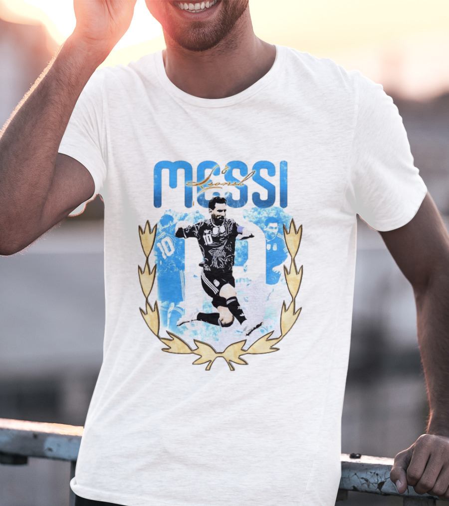 Messi 10 Sliding Celebration With Gold Laurel Wreath T-Shirt