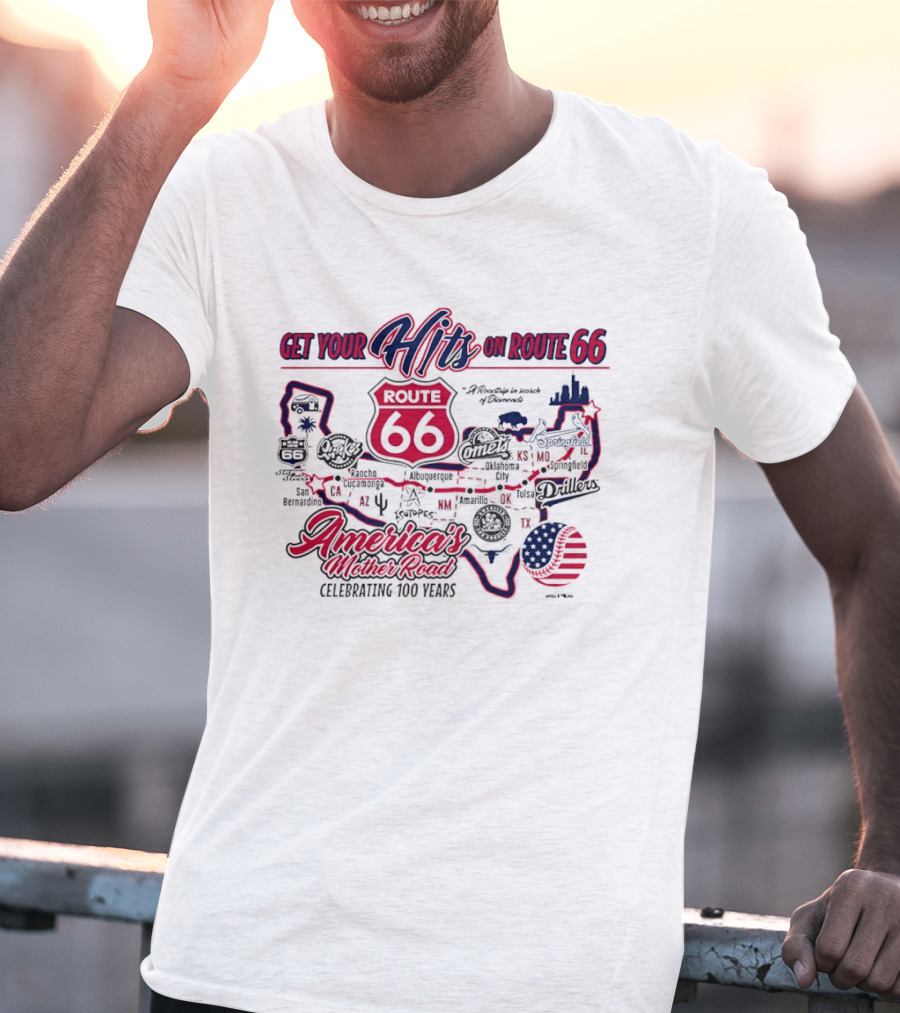 Get Your Hits On Route 66 America's Mother Road Celebrating 100 Years Baseball Map T-Shirt