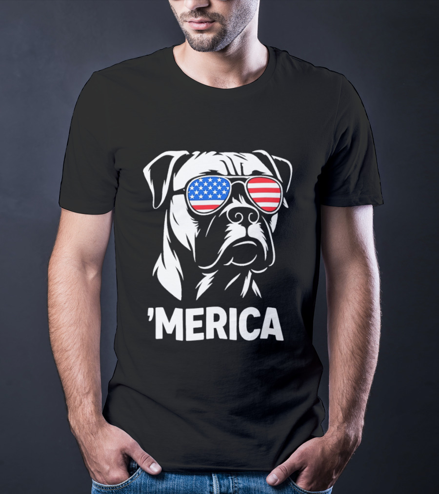American Bulldog With USA Flag Sunglasses 'Merica T-Shirt