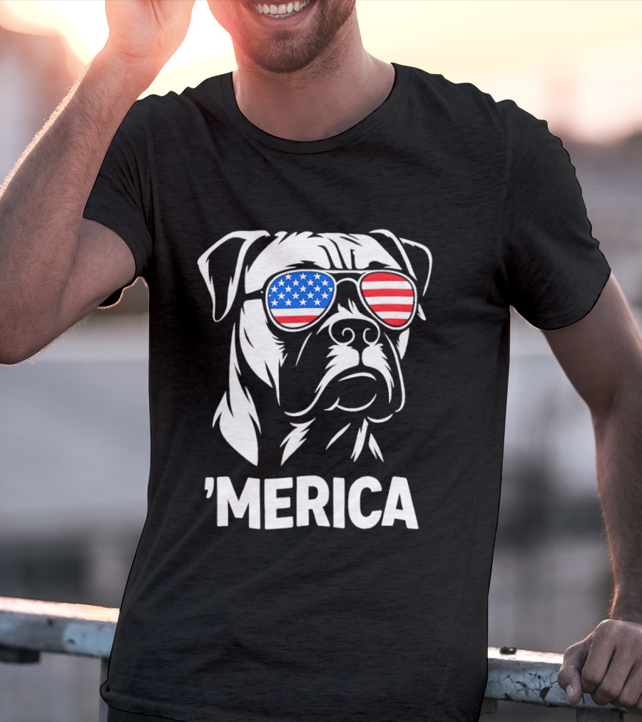 American Bulldog With USA Flag Sunglasses 'Merica T-Shirt
