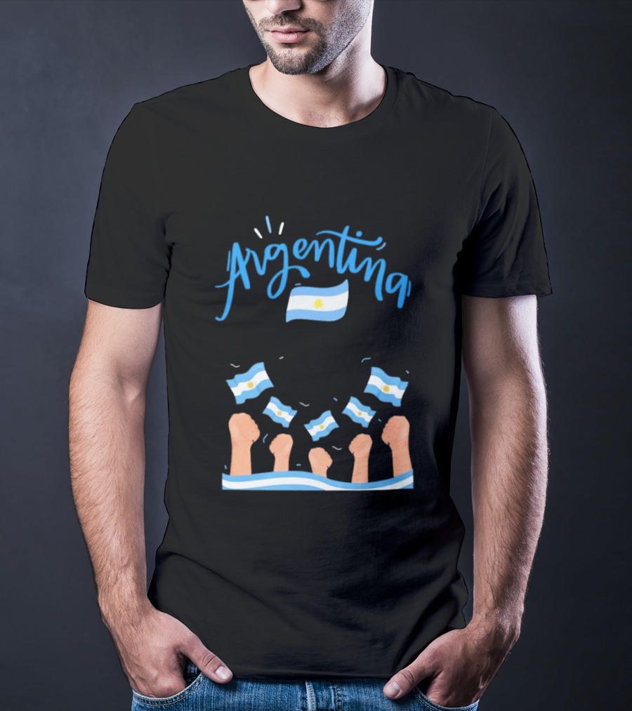 Argentina Celebration Raised Fists Waving Flags Enthusiastic Spirit T-Shirt