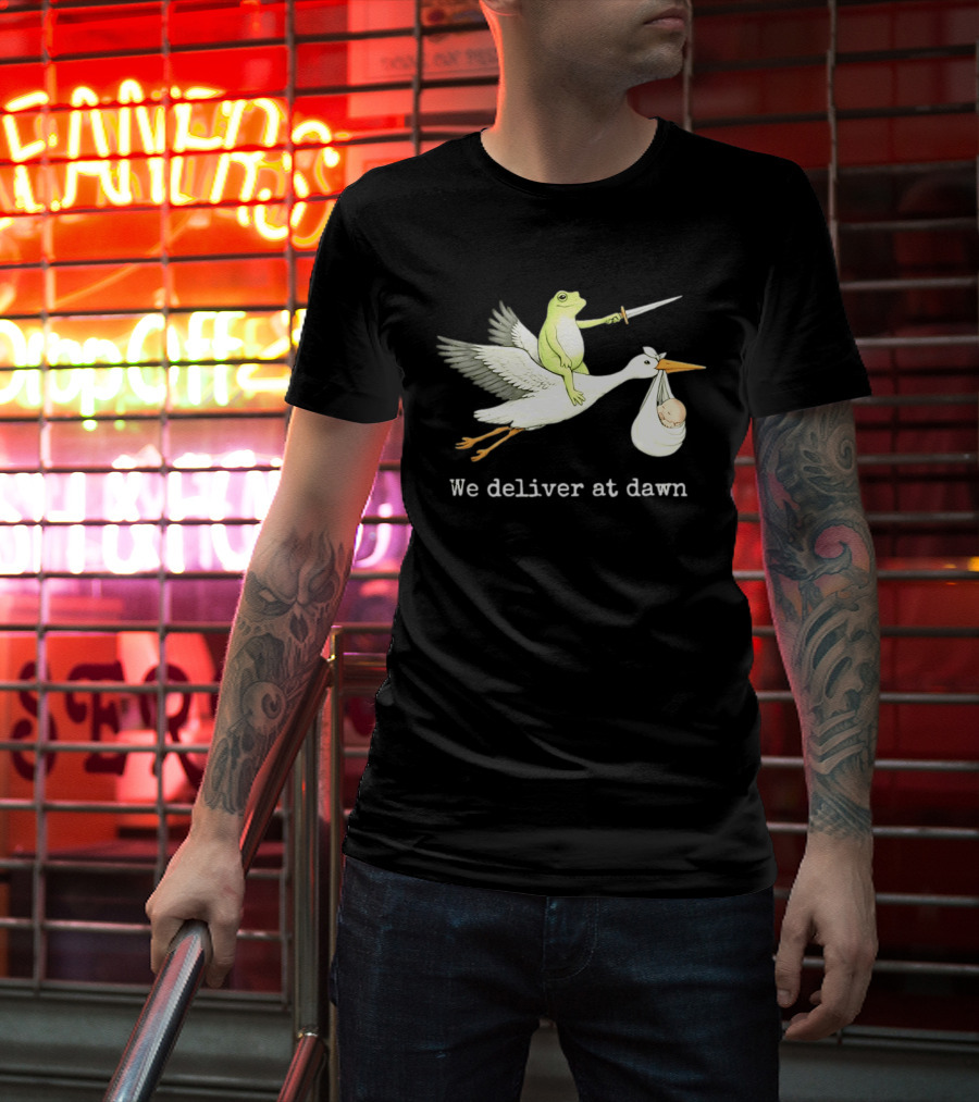 Frog Riding Stork With Sword We Deliver At Dawn T-Shirt