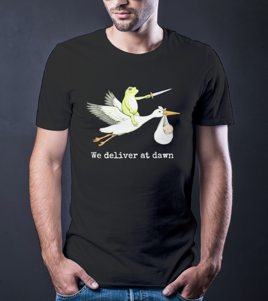 Frog Riding Stork With Sword We Deliver At Dawn T-Shirt