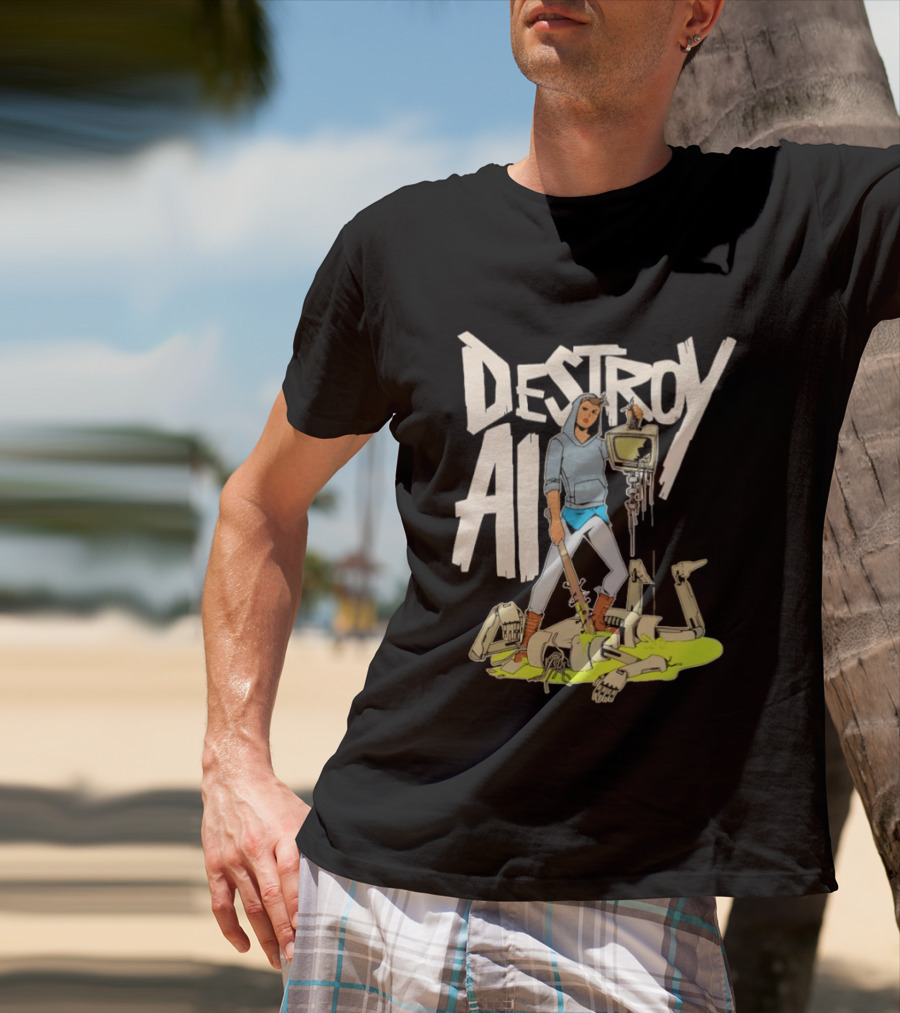 Destroy AI Sci Fi Cyberpunk Robot Resistance Heroic Battle Scene T-Shirt