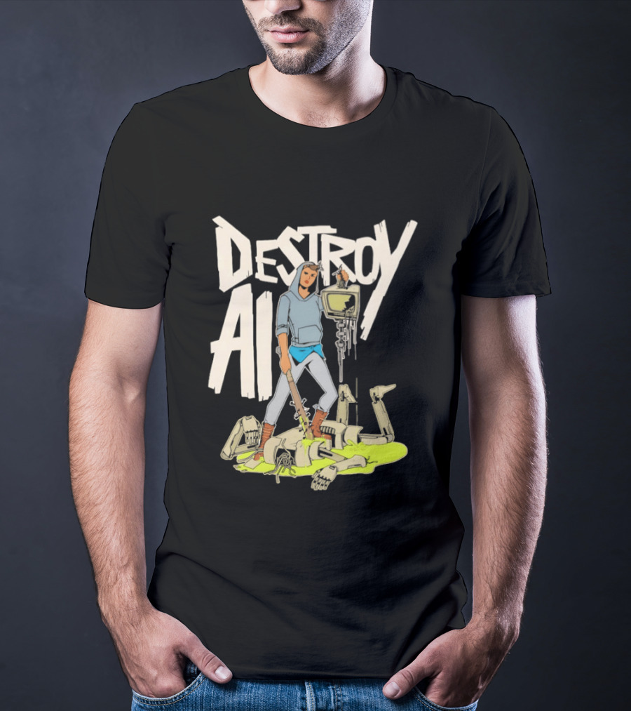 Destroy AI Sci Fi Cyberpunk Robot Resistance Heroic Battle Scene T-Shirt