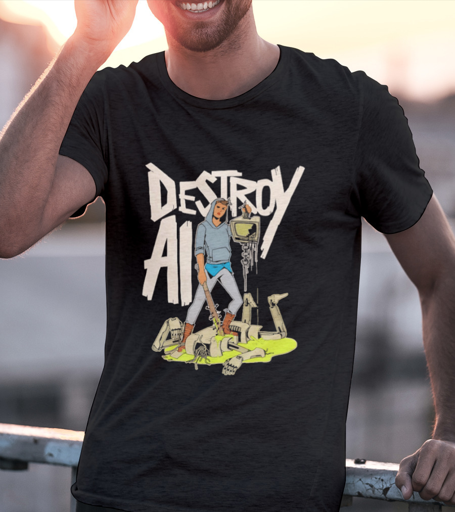 Destroy AI Sci Fi Cyberpunk Robot Resistance Heroic Battle Scene T-Shirt
