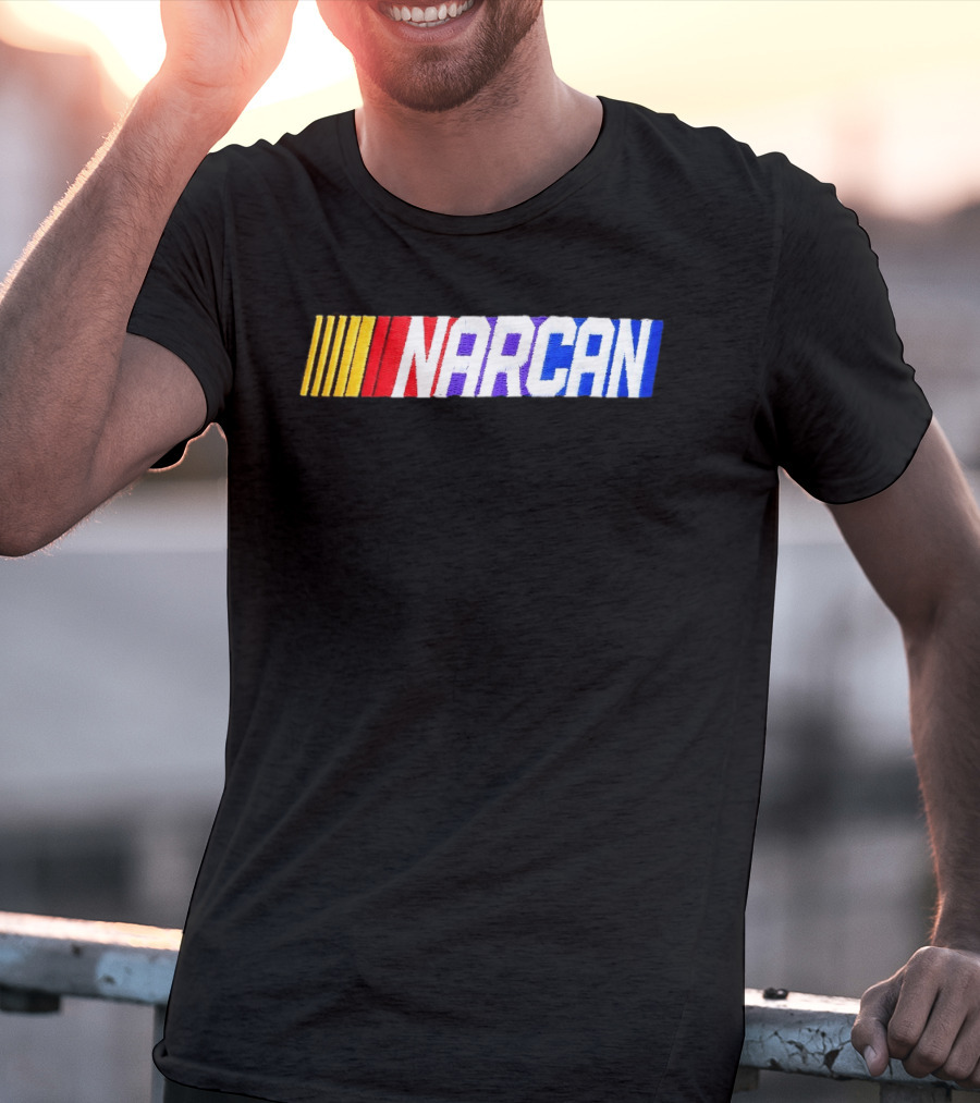 NASCAR Style NARCAN Text With Racing Stripes T-Shirt